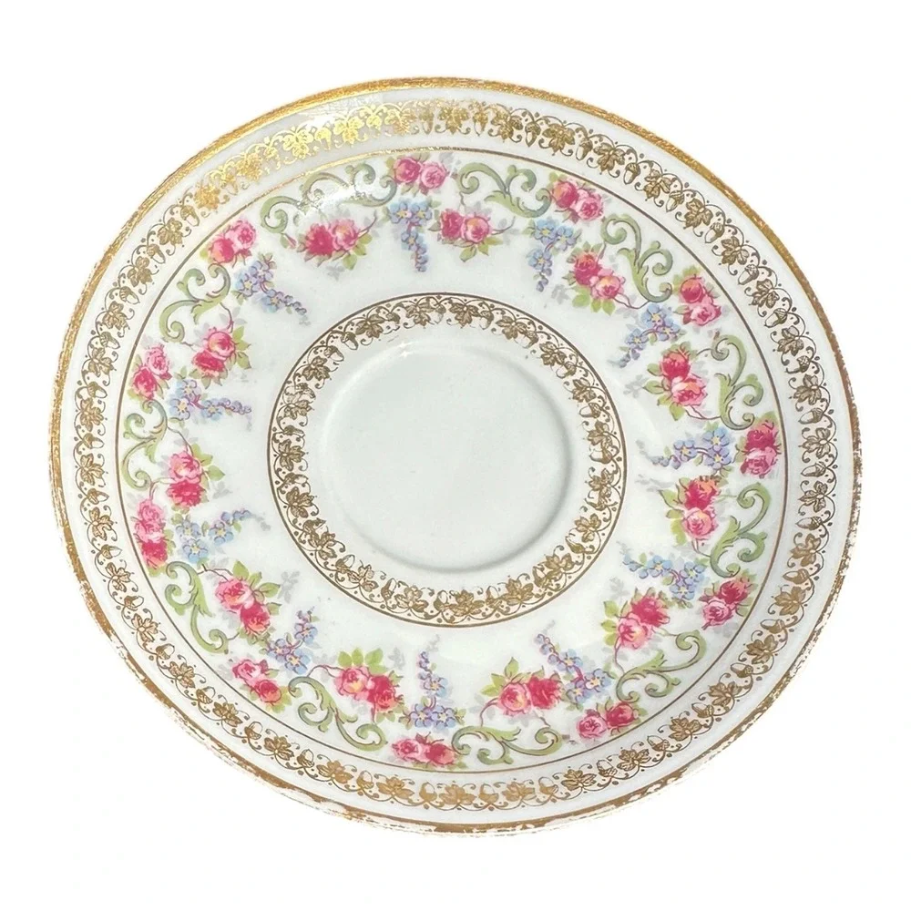 J. Pouyat Limoges France Porcelain Tea Cup and Saucer Set Gold Gilt Pink Rose